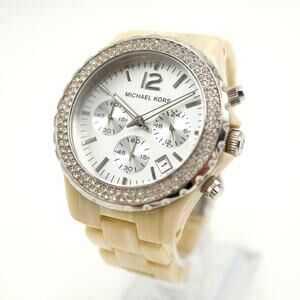 Michael Kors 42mm Chronograph Watch 6" Jet Set Horn Beige Acrylic w New Battery